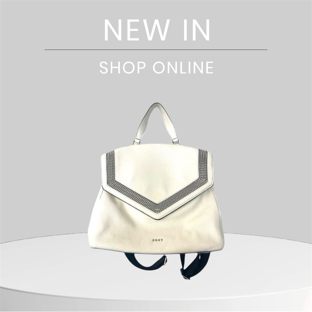 DKNY BACKPACK, white, purse.